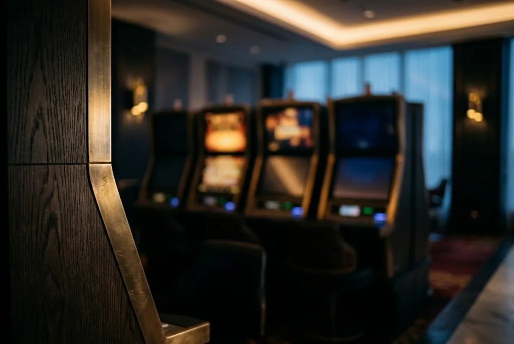 Artist's impression of a row of electronic gaming machines behind a dark oak screen