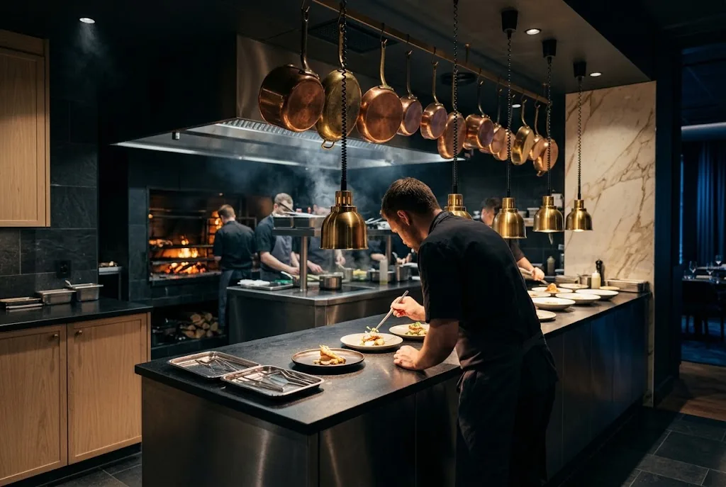 Artist's impression of a chef plating at the pass of an open kitchen hung with copper pans