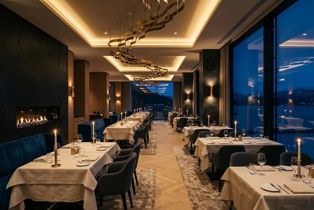 Artist's impression of the planned restaurant, white-clothed tables along a wall of windows at night