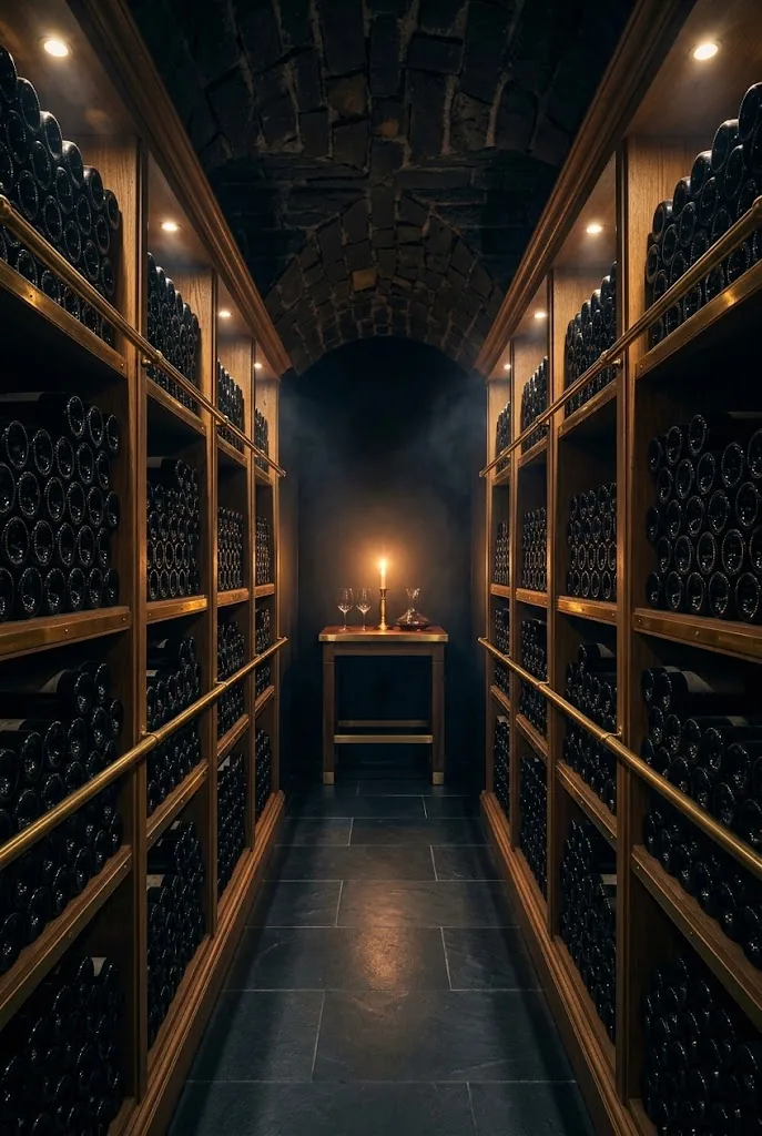 Artist's impression of a long, candlelit wine cellar lined with racks