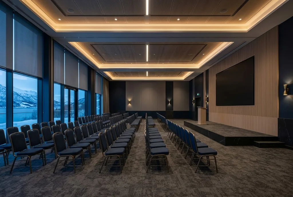 Artist's impression of the conference hall set theatre-style, with a screen and windows onto the fjord