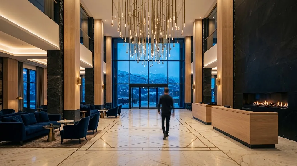 Artist's impression of the planned lobby, a double-height hall with a crystal chandelier and a tall window onto the fjord