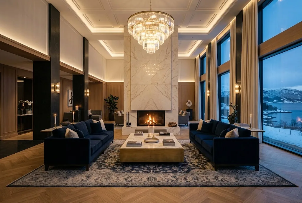Artist's impression of the planned Presidential Suite living room with a marble fireplace and a crystal chandelier
