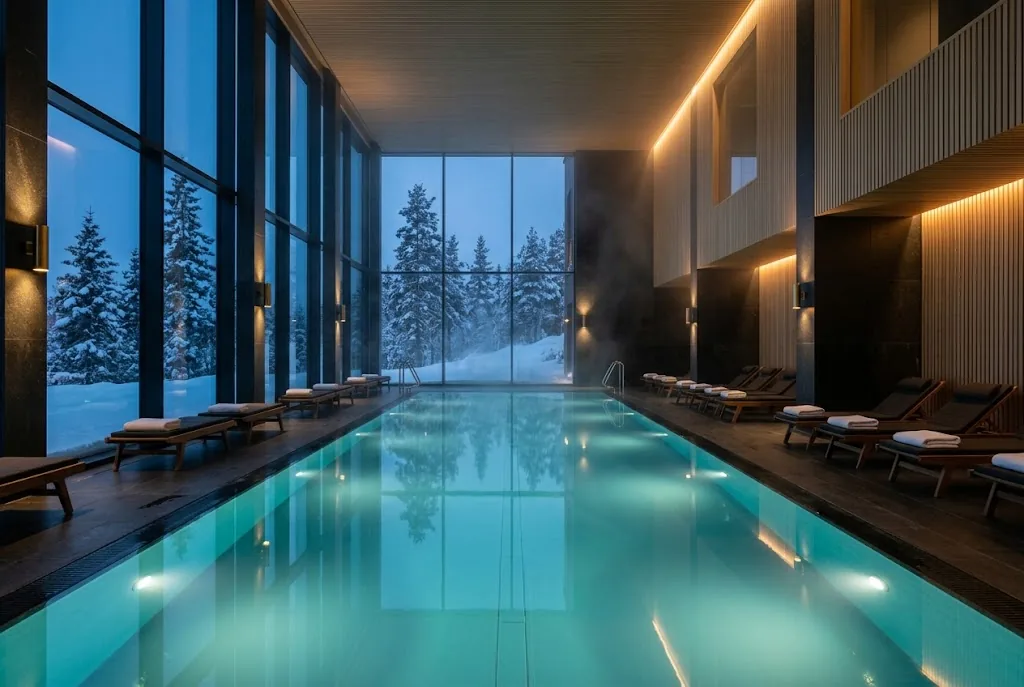 Artist's impression of the planned indoor pool under a timber ceiling, with tall windows onto a snowy forest