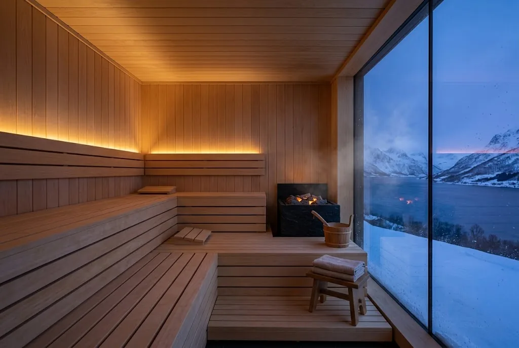 Artist's impression of the planned panoramic sauna, tiered wooden benches facing a wide window onto the fjord